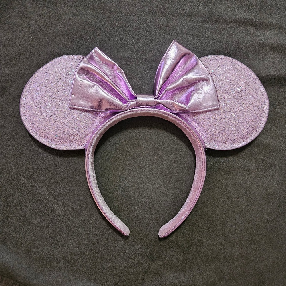 Disney Parks Minnie Mouse Ears Headband Lavender Purple Glitter Metallic Bow